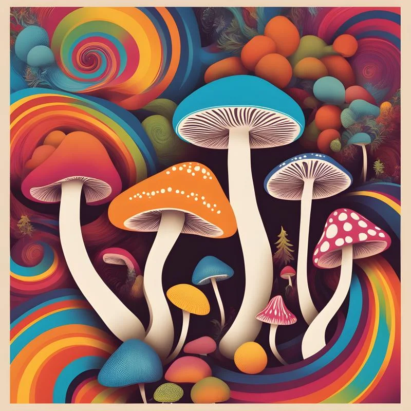 Mushrooms rainbow colorful imaginative AI image
