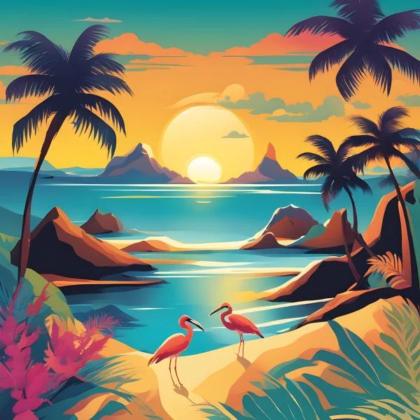 Maui beach sunset colorful image with palm trees and birds by the sea