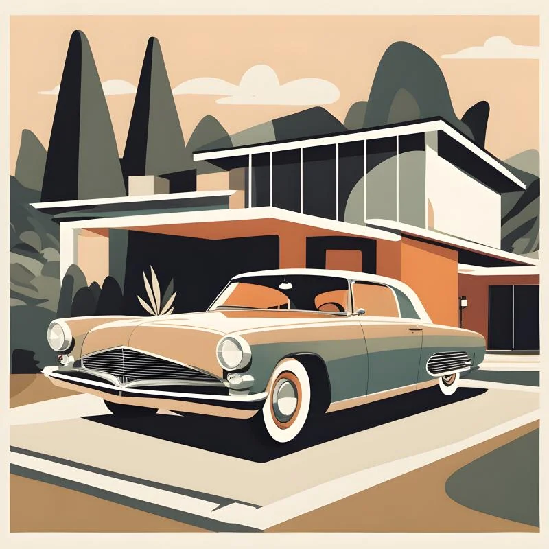 Mid-century style AI image car and house