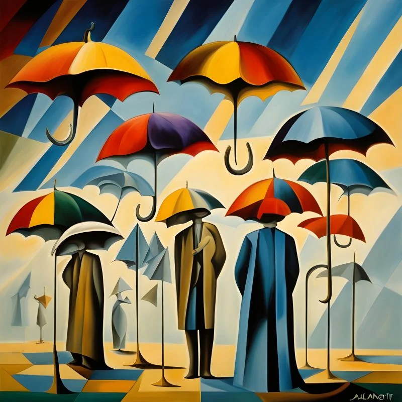 Colorful Vivid Dali inspired image of standing men in the rain