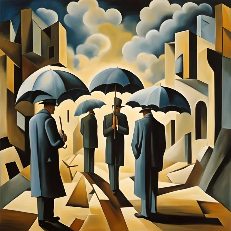 Men standing with umbrellas in the city Dali impaired image