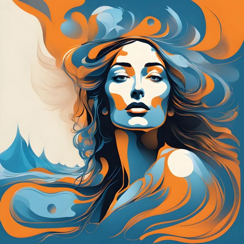 Woman's head fantasy imaginative picture with orange and blue colors