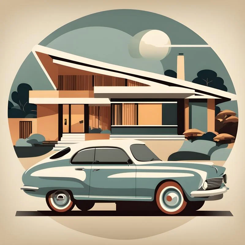 Old-school mid-century style AI image car and house