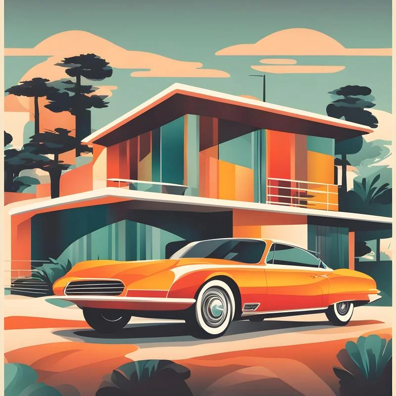 Colourful house and car mid-century image 