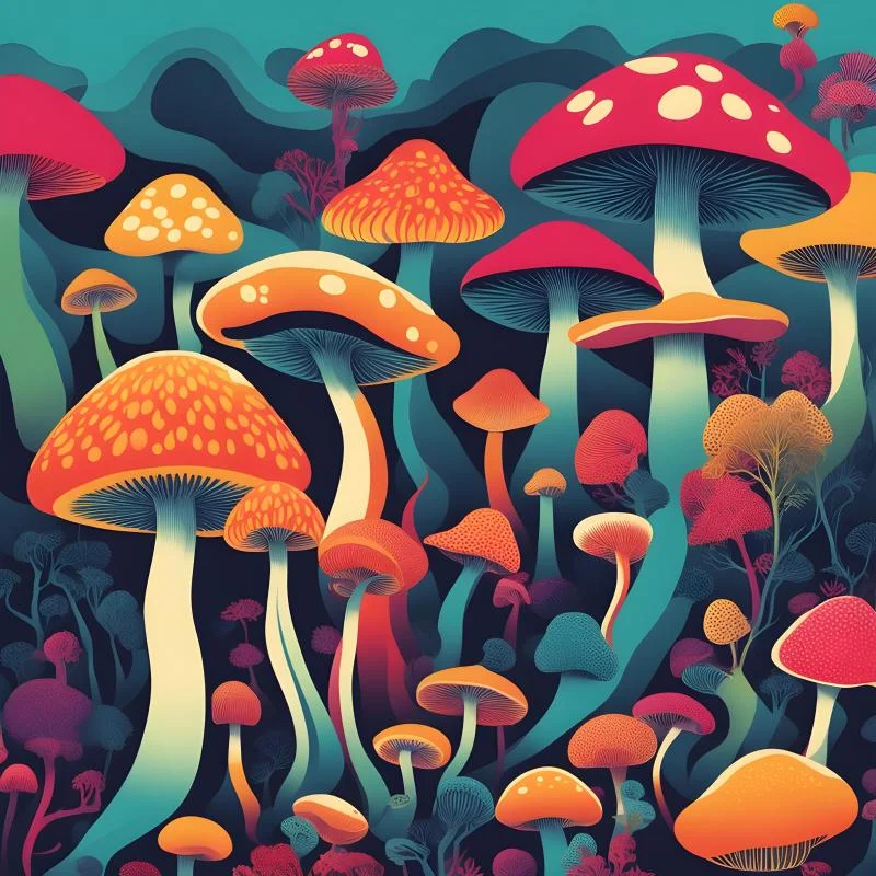 Mushrooms magical colorful imaginative AI image
