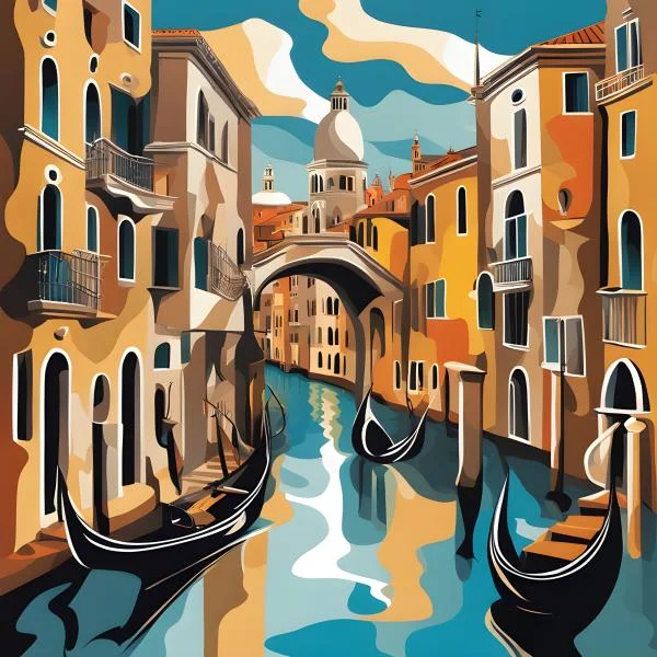 On the canal of Venice AI generated image with blue and brown colors