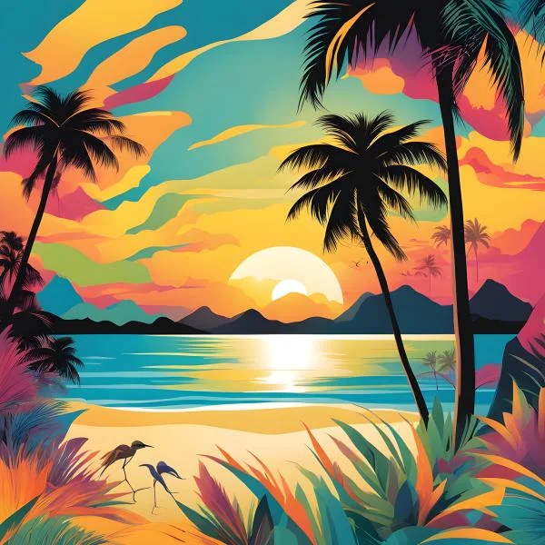 Beach sunset colorful image with palm trees and birds by the sea